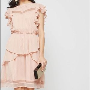 Y.A.S. Peach Pale Pink Ruffle Skater Dress Midi Lace Size Medium New w Tags